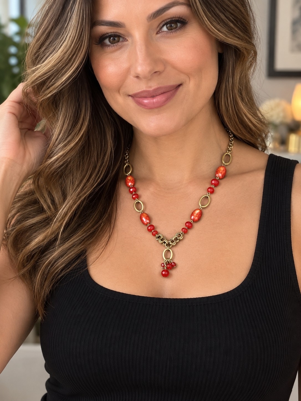 Premier Designs Red and Gold Beaded Statement Necklace
